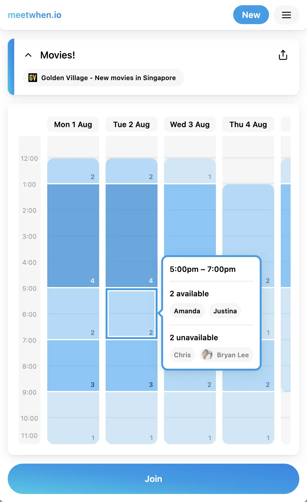 a screenshot of a scheduling application I built called meetwhen