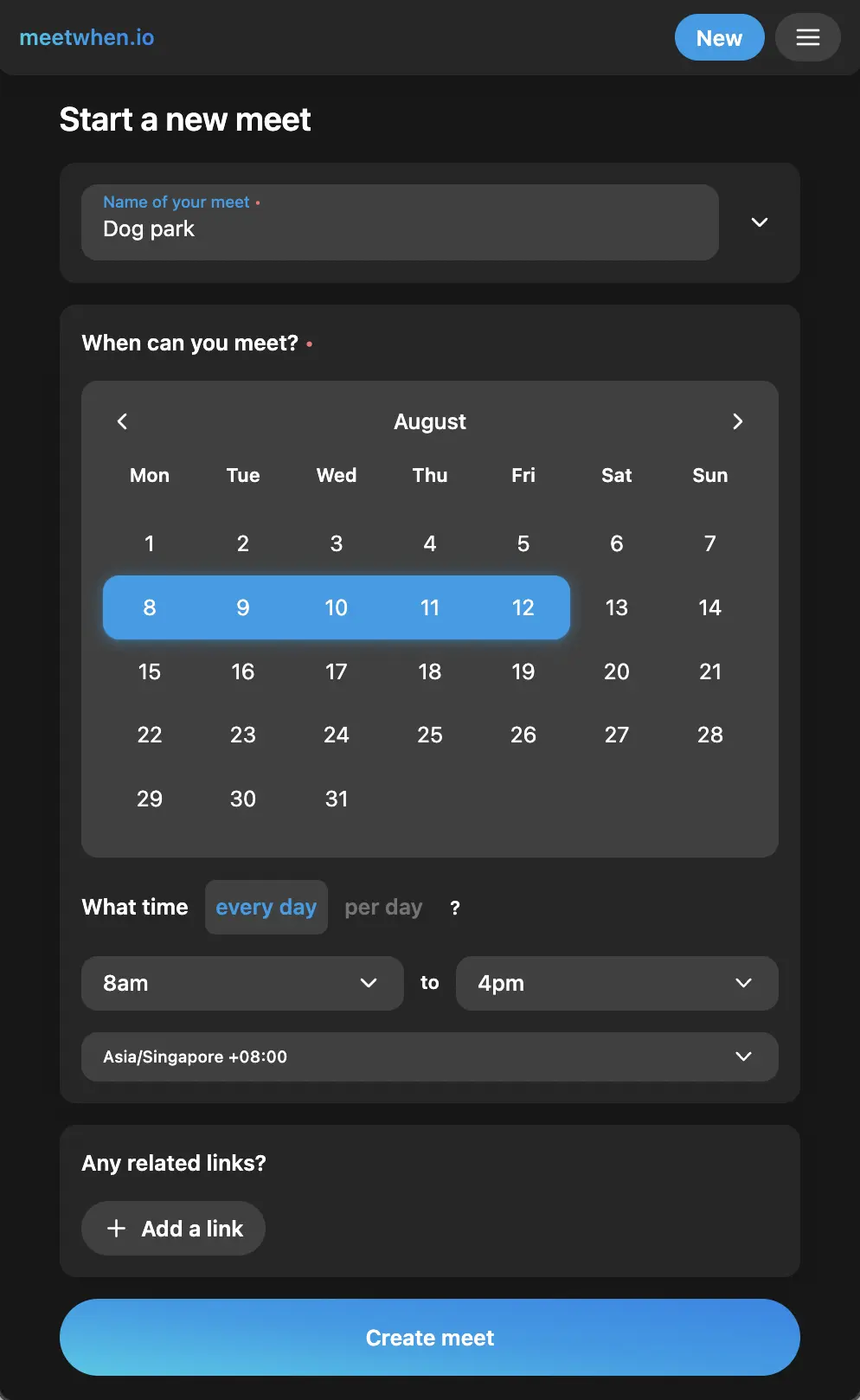 a screenshot of the event creation interface for a scheduling application I built called meetwhen