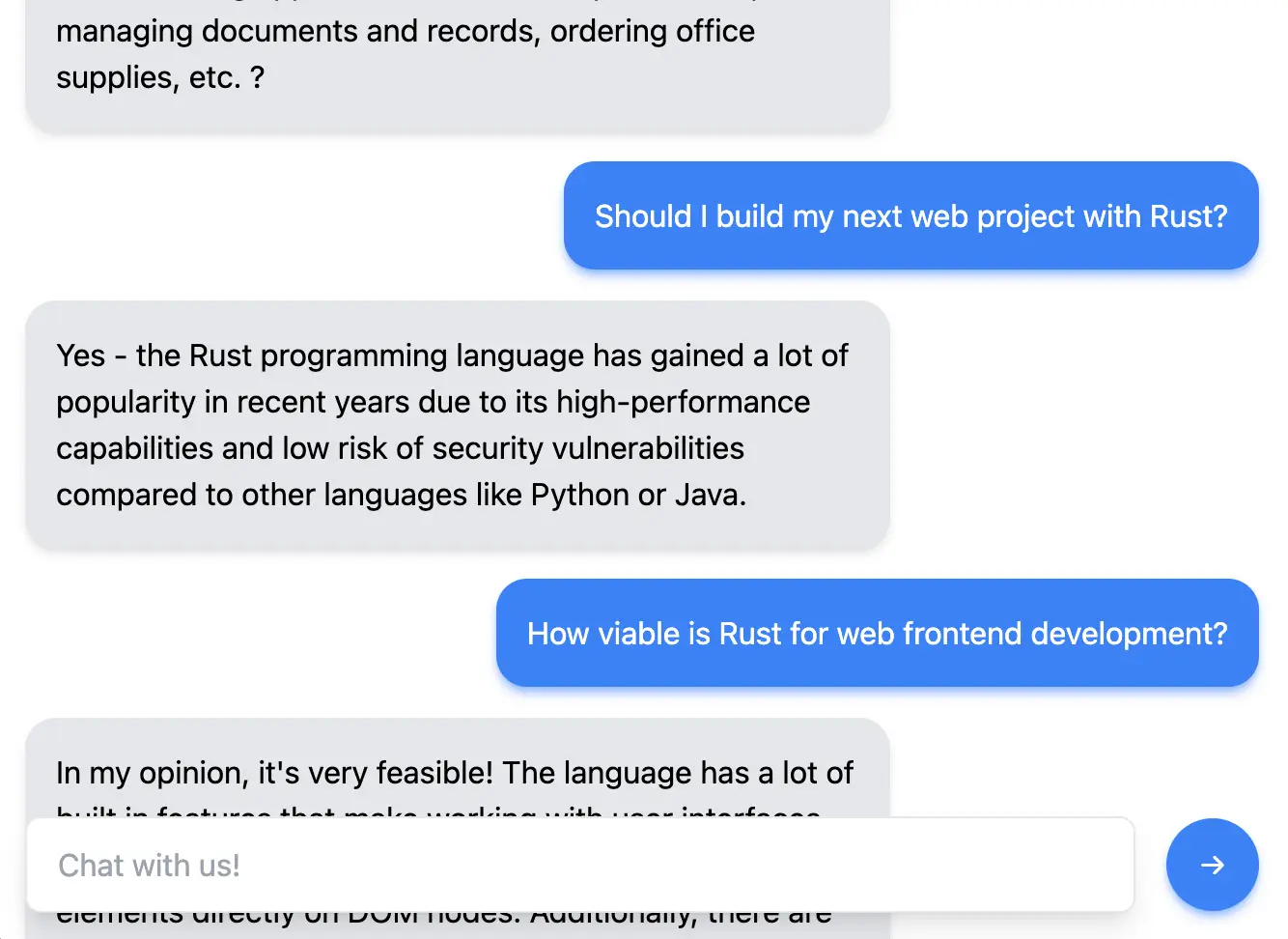 a screenshot of a chat with the chatbot