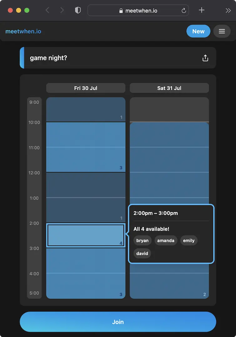 a screenshot of a scheduling application I built called meetwhen